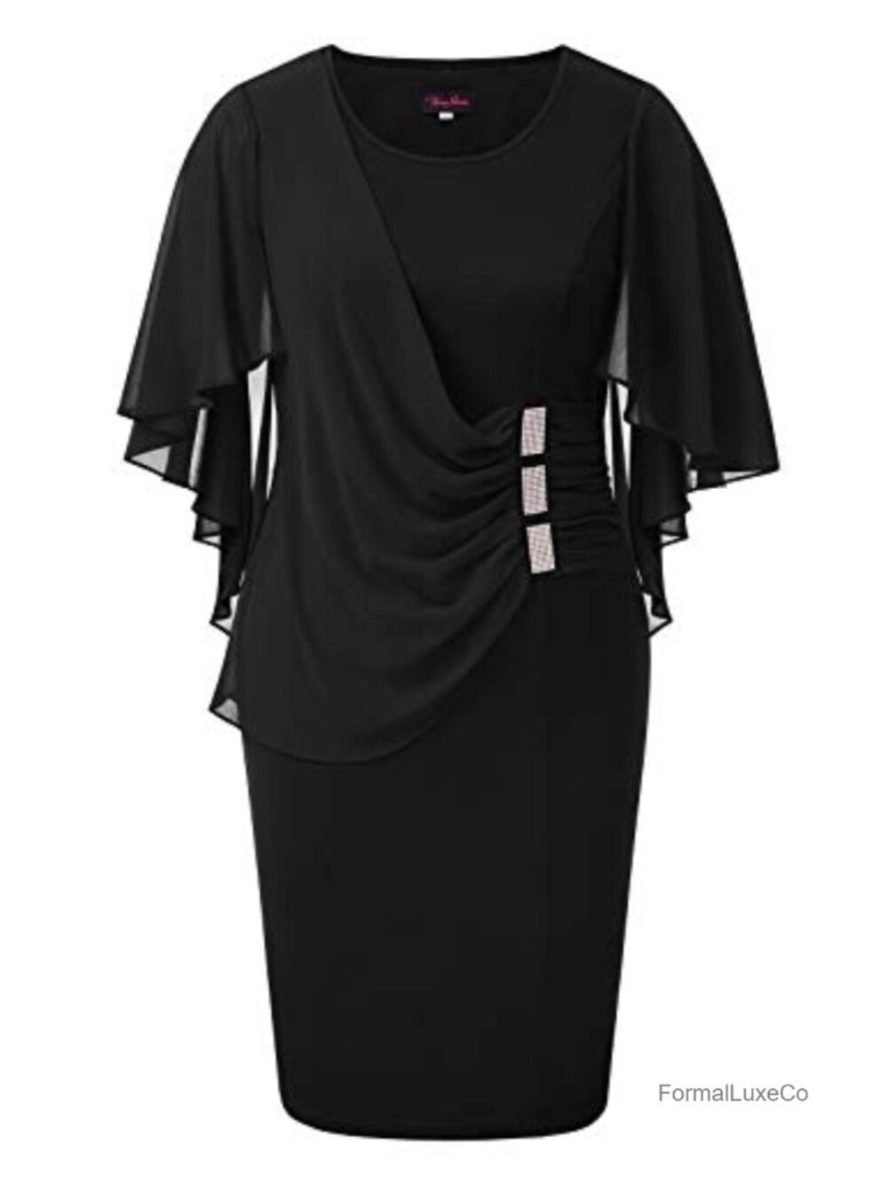 Plus Size Chiffon Ruffle Cape Sleeve Bodycon Pencil Midi Dress